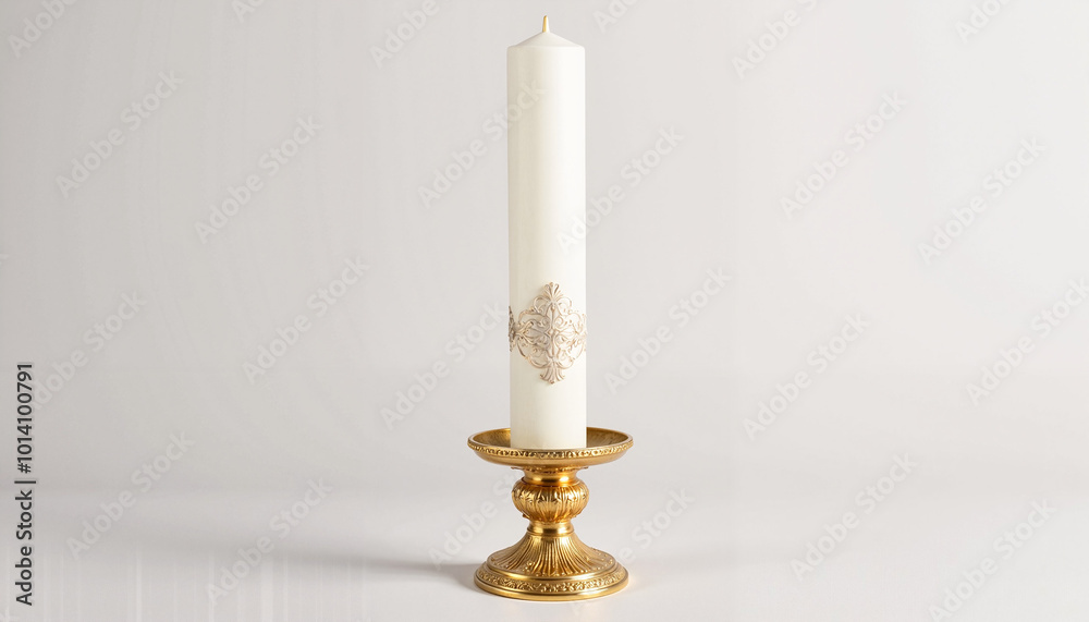 Paschal candle in golden holder, serene mood, placed on light background, copy space