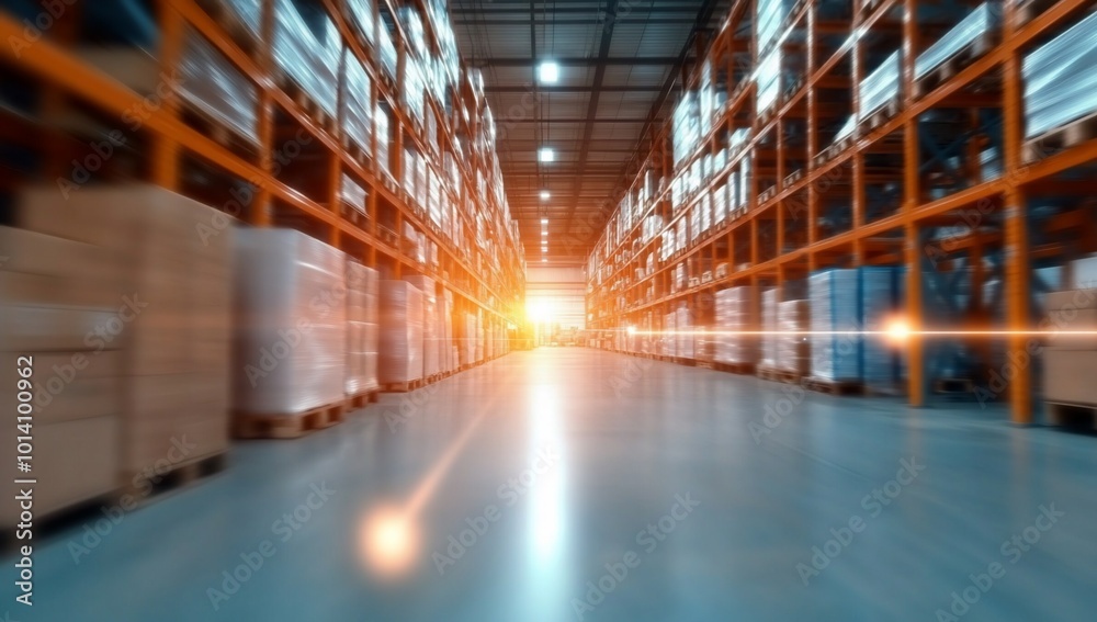 A warehouse interior with shelves and boxes, illuminated by sunset.