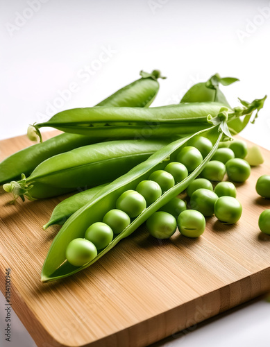 Green peas still in their skins placed on a cutting board on a white background