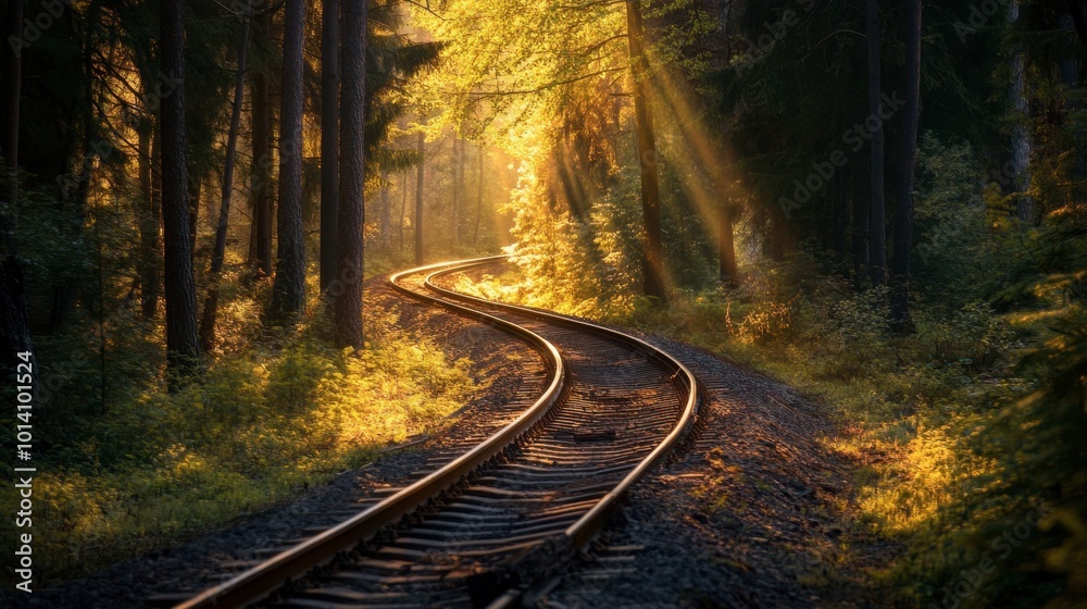 Railway tracks curving through a dense forest, with tall trees and sunlight filtering through the branches. Railway tracks curving through a dense forest, with tall trees and sunlight filtering through the branches.