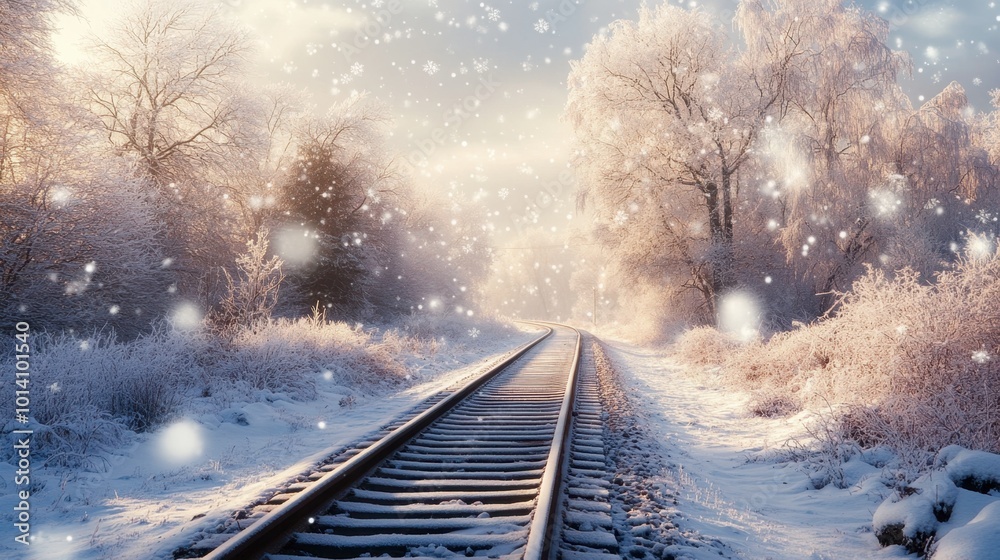 Railway tracks cutting through a snowy landscape, with frost-covered trees and snowflakes gently falling. Railway tracks cutting through a snowy landscape, with frost-covered trees and snowflakes gently falling.