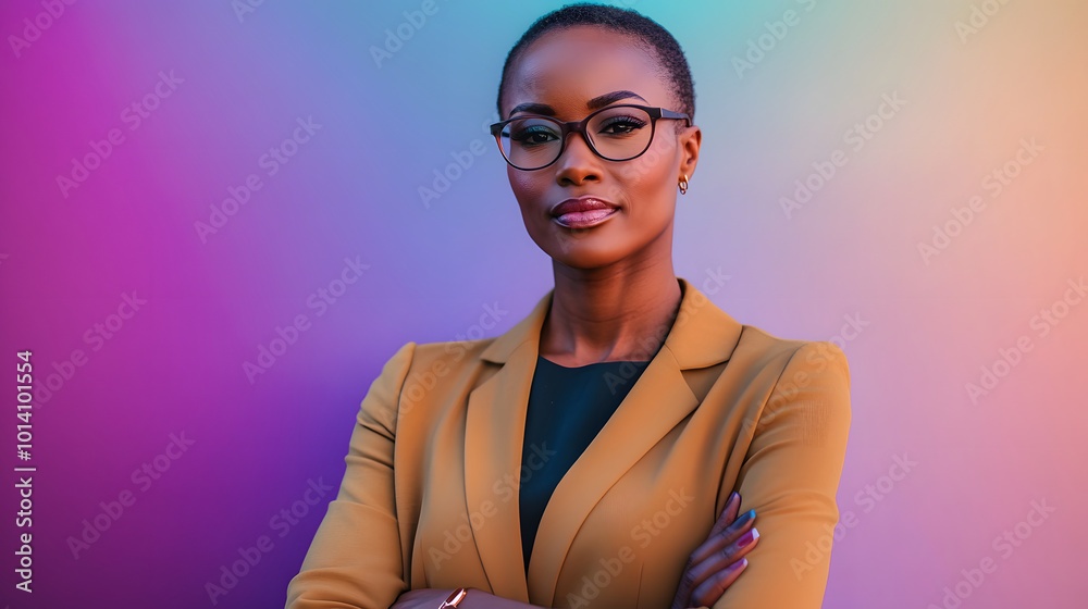 Confident businesswoman posing with crossed arms against a colorful background in an urban setting
