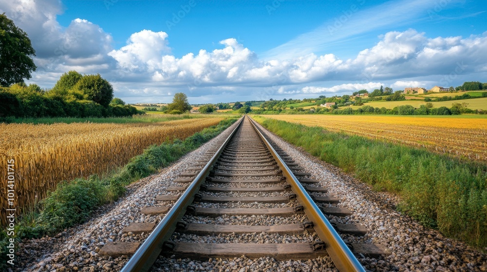 Railway tracks passing through a rural countryside, with fields of crops and distant farmhouses dotting the horizon