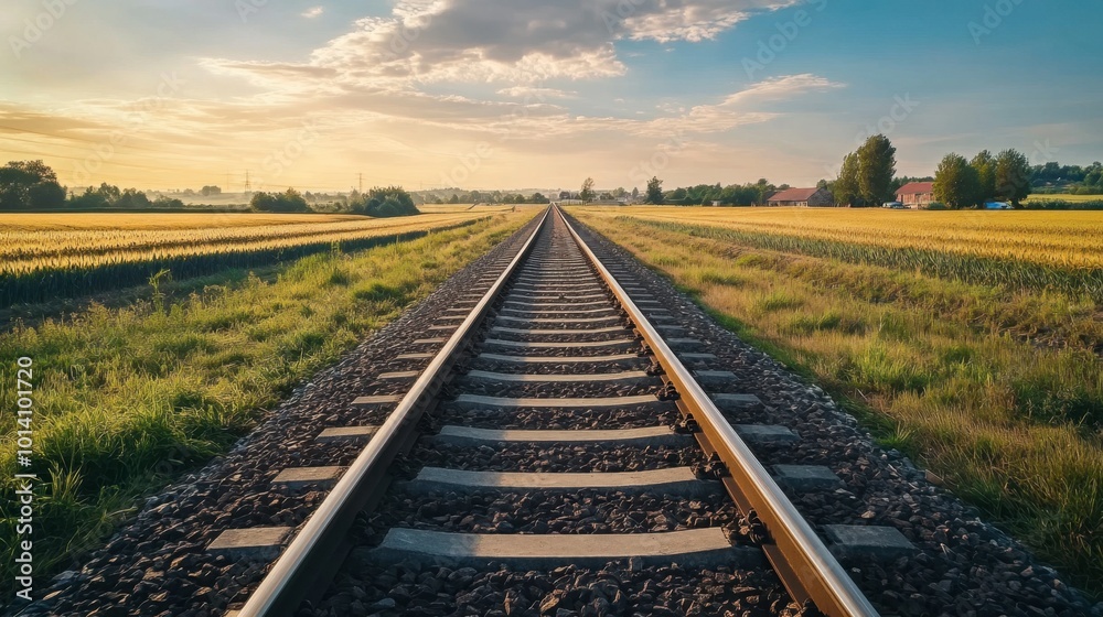 Fototapeta premium Railway tracks passing through a rural countryside, with fields of crops and distant farmhouses dotting the horizon