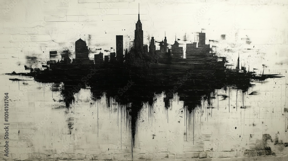 Black and White Abstract City Skyline Mural with Reflective Symmetry Black and White Abstract City Skyline Mural with Reflective Symmetry