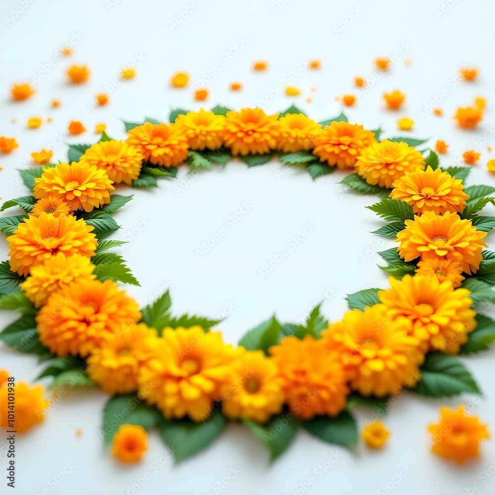Fototapeta premium Vibrant Marigold Flower Rangoli with Mango Leaves on White Background Festive Floral Design with Copy Space for Greetings