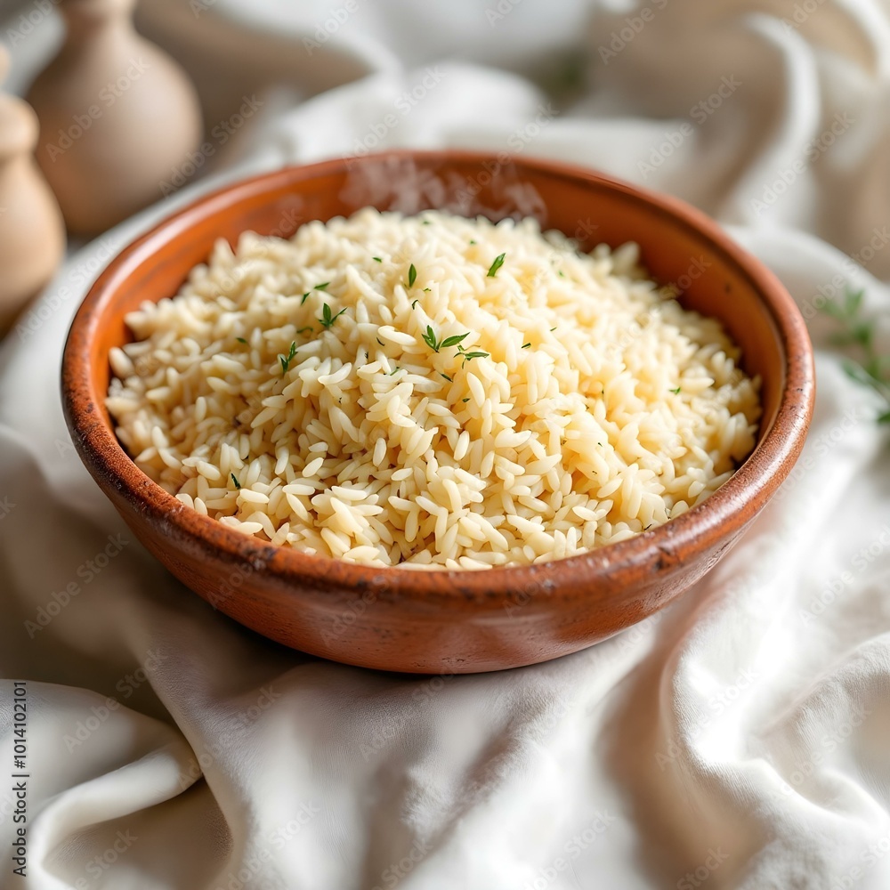 Steaming White Rice in Rustic Terracotta Bowl on Clean White Background – High-Quality Food Stock Photo Steaming White Rice in Rustic Terracotta Bowl on Clean White Background – High-Quality Food Stock Photo