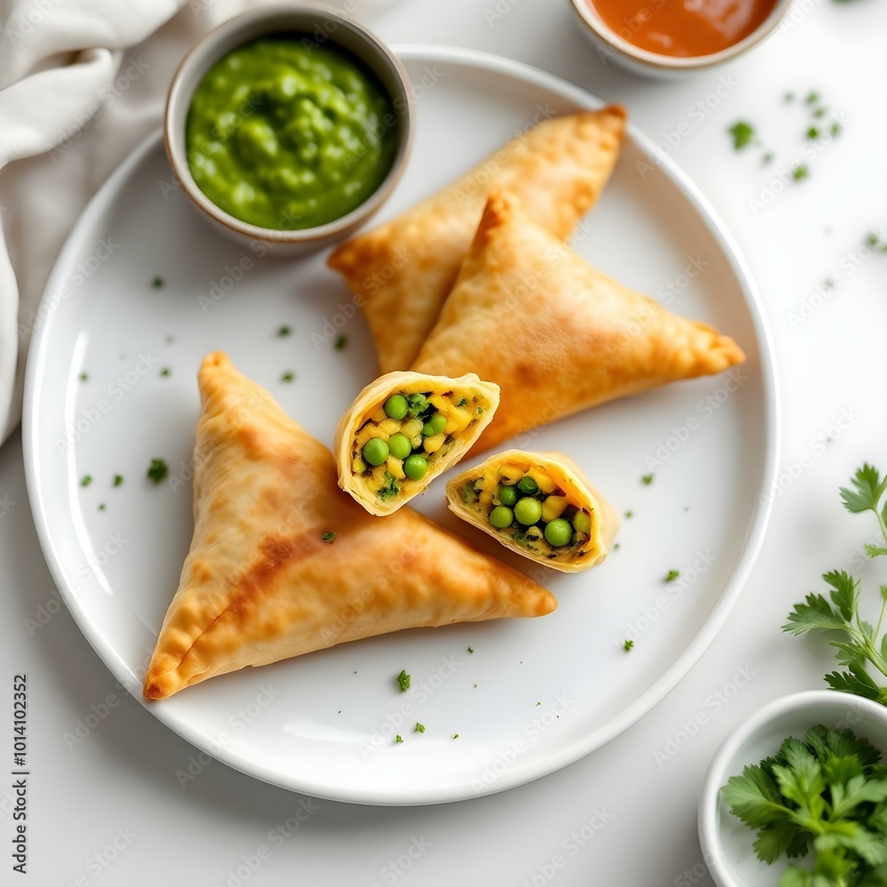 Trio of Crispy Punjabi Veg Samosas with Spiced Potato Filling and Chutneys on White Ceramic Plate – High-Quality Food Photography Trio of Crispy Punjabi Veg Samosas with Spiced Potato Filling and Chutneys on White Ceramic Plate – High-Quality Food Photography