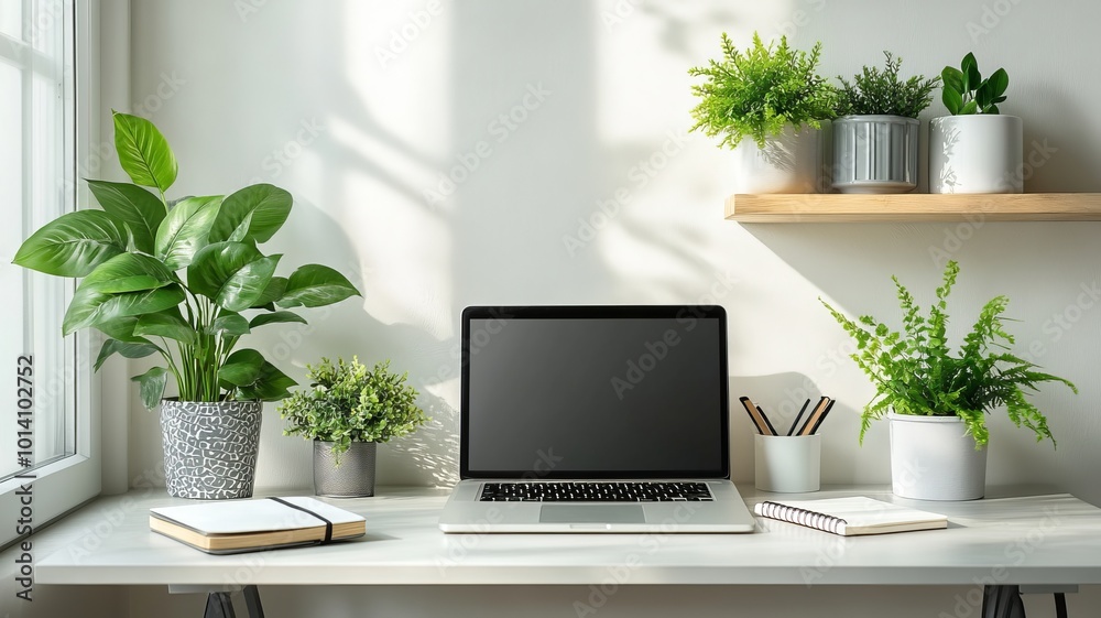 A minimal desk setup with a single laptop, a plant, and a notebook, all set against a clean, white background A minimal desk setup with a single laptop, a plant, and a notebook, all set against a clean, white background