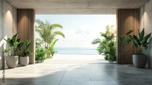 Fototapeta Naklejka Na Ścianę i Meble -  Balcony room with sea and beach view from the window. Modern interior with wooden slat wall panels and concrete tiles. Terrace mockup with sunlight