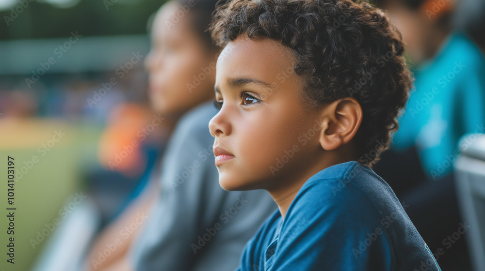 Close-Up of a Young Boy Watching the Game from the Bench, Waiting to Bat in a T-Ball Game, Highlighting His Eagerness and Focus Close-Up of a Young Boy Watching the Game from the Bench, Waiting to Bat in a T-Ball Game, Highlighting His Eagerness and Focus