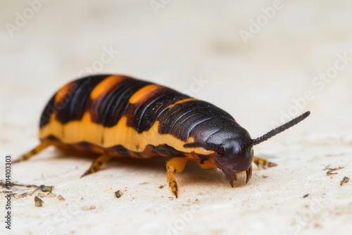 Colorful larva crawling on a surface in nature photo