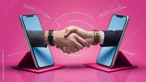  Virtual Handshake Extending from Smartphones – Digital Business Deal Concept