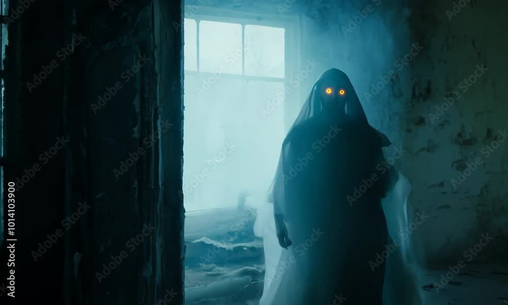 Woman in a white dress is walking through a foggy, creepy room. The atmosphere is eerie and unsettling. hyperrealistic Video Woman in a white dress is walking through a foggy, creepy room. The atmosphere is eerie and unsettling. hyperrealistic Video