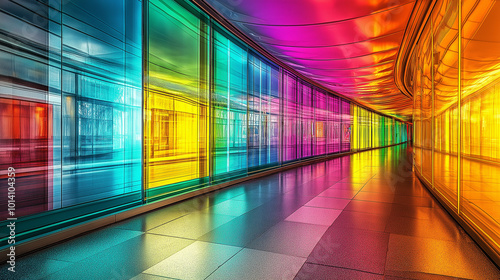 Modern architecture glass corridor with vibrant colors reflecting on floor