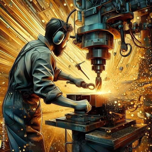 A bearded craftsman operates a large metalworking machine, with sparks flying around him in an industrial workshop, showcasing precision, power, and technology.
 photo