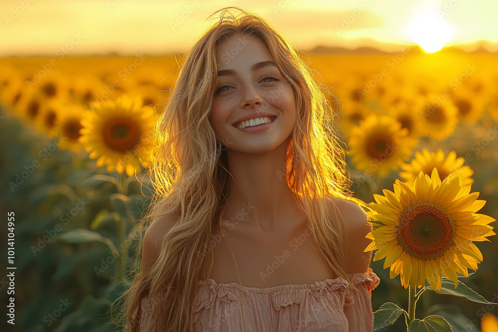 A woman wearing a soft pink dress, standing in a field of sunflowers and smiling at the golden sunset.