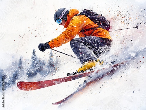 Vibrant vector illustration of a skier leaping off a jump surrounded by snowy trails with minimalistic design on a white background