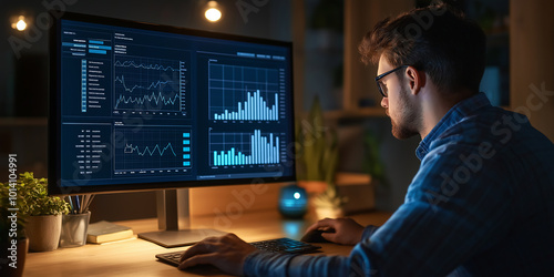 Financial analyst working late using computer with multiple stock market charts on screen