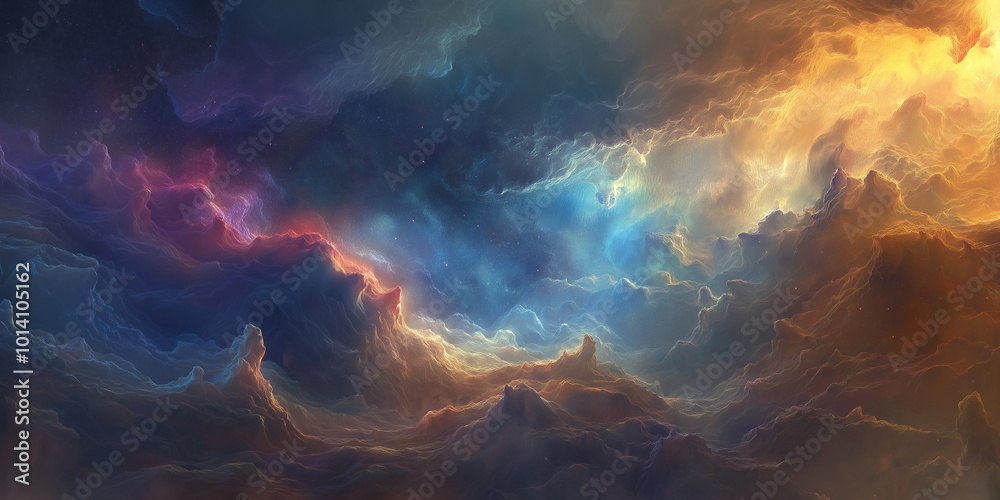 Alien planet surface with mountains and colorful nebula cloudscape Alien planet surface with mountains and colorful nebula cloudscape