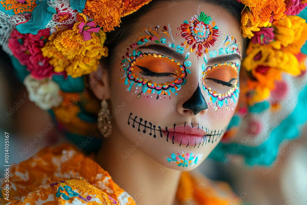 Φωτογραφία A woman dressed in a traditional embroidered dress, painting her face with intricate sugar skull makeup to prepare for the Day of the Dead