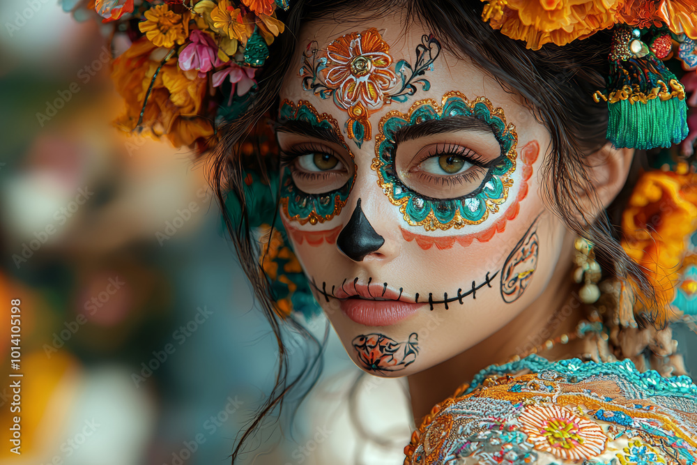 Φωτογραφία A woman dressed in a traditional embroidered dress, painting her face with intricate sugar skull makeup to prepare for the Day of the Dead