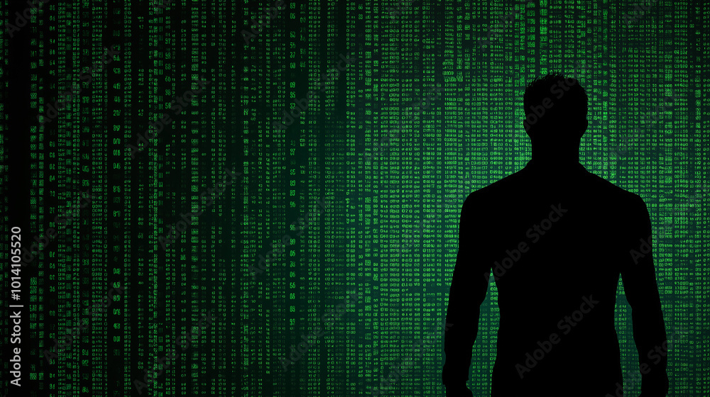 Hacker silhouette standing in front of green code raining on black background Hacker silhouette standing in front of green code raining on black background