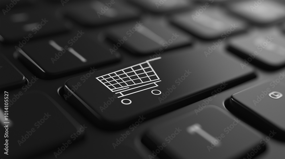 Shopping cart icon key on a black keyboard is glowing