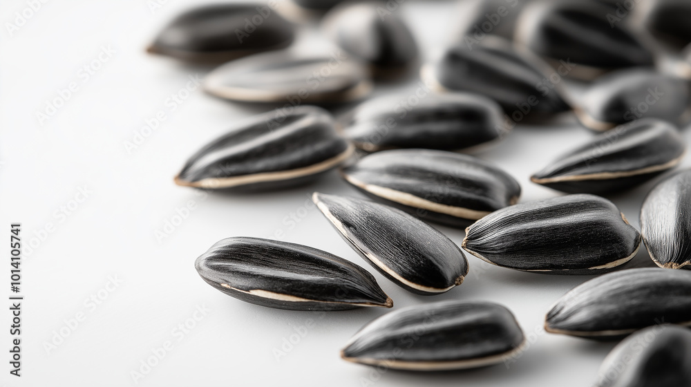 Sunflower seeds scattered on a white surface Sunflower seeds scattered on a white surface