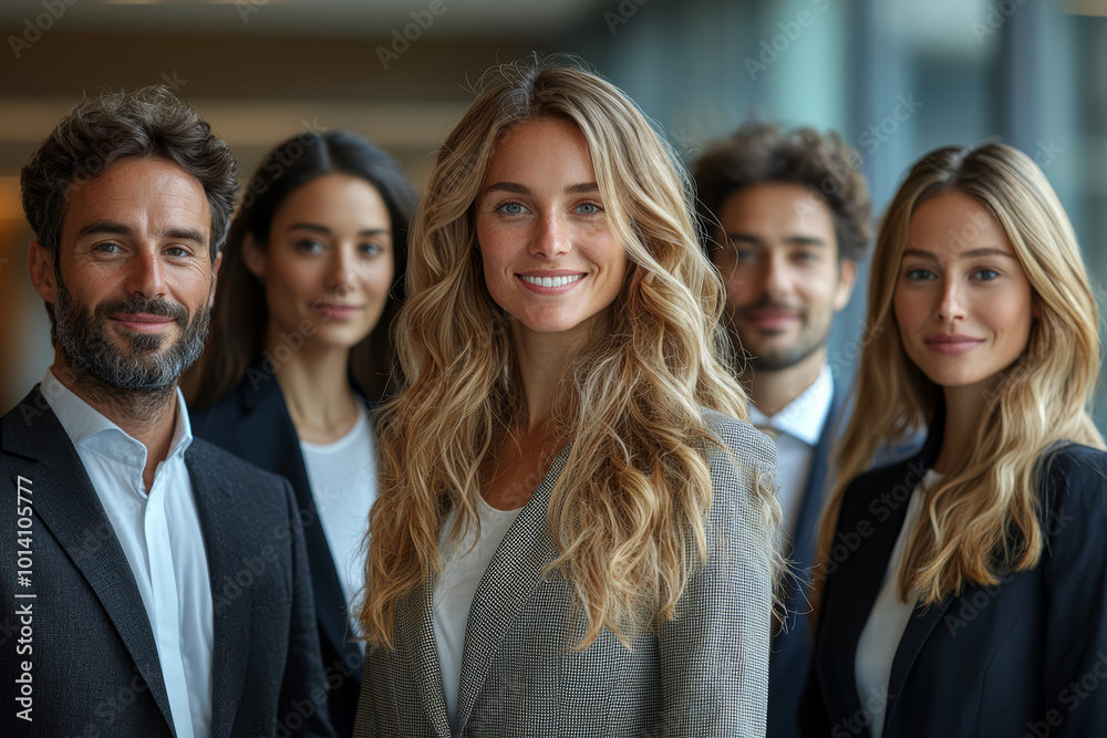 A smiling business team standing in a modern office, posing confidently for a corporate photo. A smiling business team standing in a modern office, posing confidently for a corporate photo.