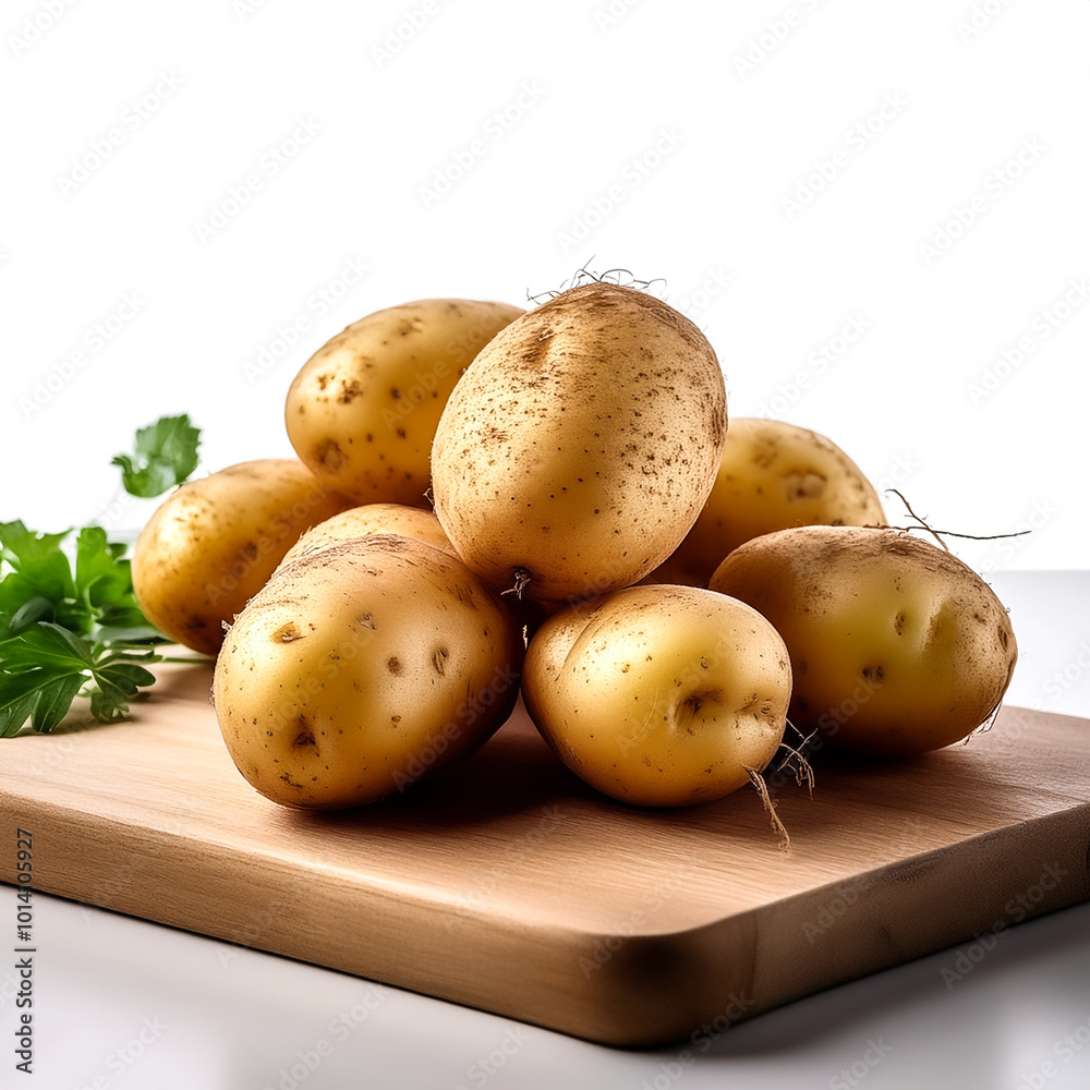 Raw potatoes with visible soil placed on a cutting board on a white background Raw potatoes with visible soil placed on a cutting board on a white background