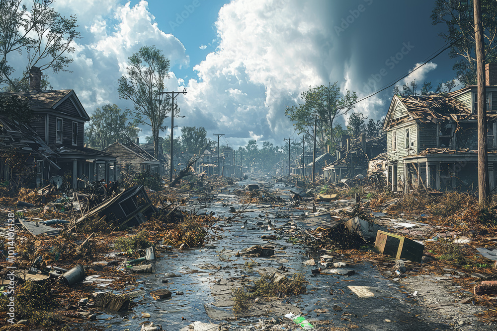 Φωτογραφία A neighborhood left in ruins after a hurricane, with trees uprooted, houses destroyed, and power lines down
