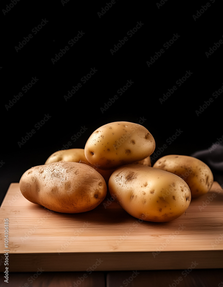 Raw potatoes with visible soil placed on a cutting board on a black background Raw potatoes with visible soil placed on a cutting board on a black background