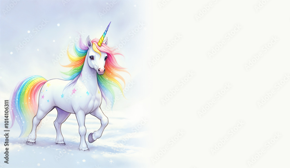 Mythical rainbow unicorn standing in the white winter snow - copy space to the right - isolated white background
Mythical rainbow unicorn standing in the white winter snow - copy space to the right - isolated white background