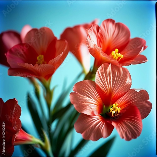 Clusters of stunning sword lilies display their vibrant pink, peach and cream petals, attracting pollinators in a peaceful garden setting during the soft light of dawn. Generative AI