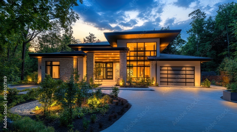 Modern Home Exterior at Dusk Modern Home Exterior at Dusk
