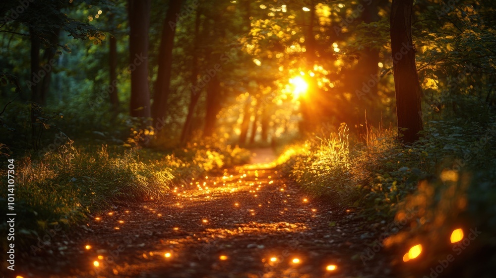 Obraz premium Sunlight shining through trees in a forest with a path