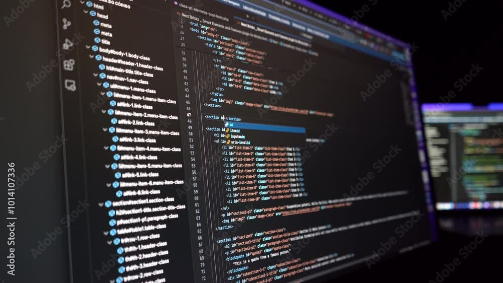 Code writing. developer software source code on monitor screen. writing script of software developer. program coding. programmer editing code.
