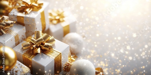 Close-up of white and gold gift boxes with bows and ornaments on a sparkling background.