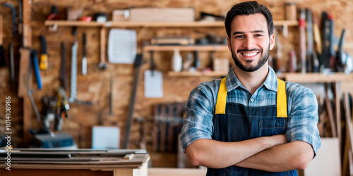 Young Latin carpenter working in his workshop, smiling