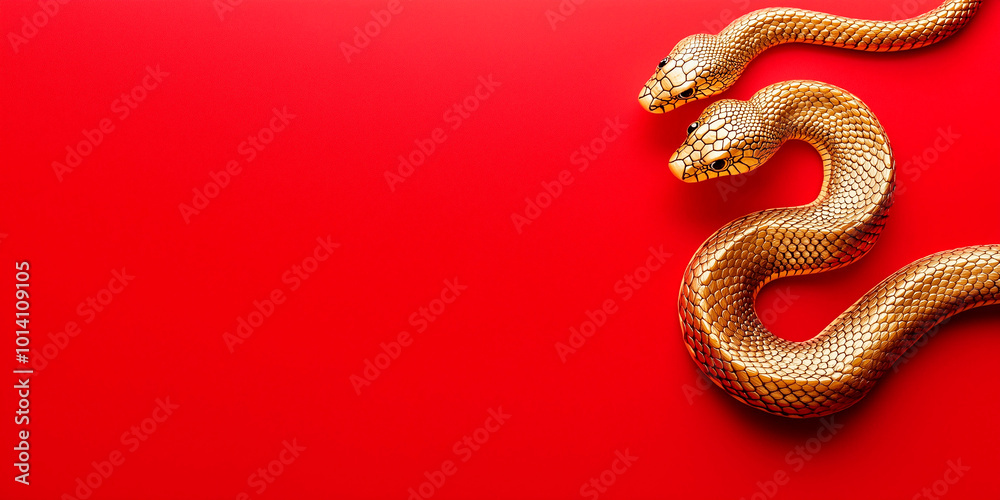 Two golden snakes ornament, red background, Chinese New Year Two golden snakes ornament, red background, Chinese New Year