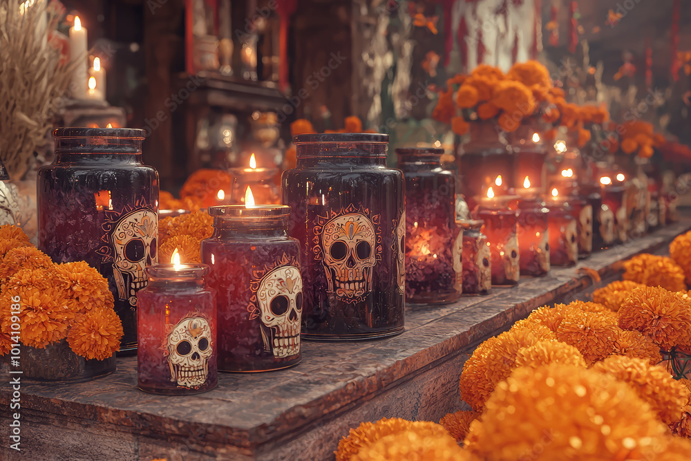 Φωτογραφία A beautifully adorned altar with marigold flowers, candles, and sugar skulls, honoring the spirits of loved ones on D­a de los Muertos