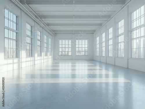 Large room with a lot of windows and a white floor photo