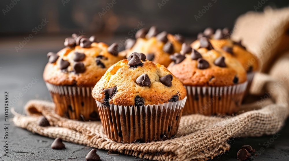 Delicious chocolate chip muffins on rustic table Delicious chocolate chip muffins on rustic table