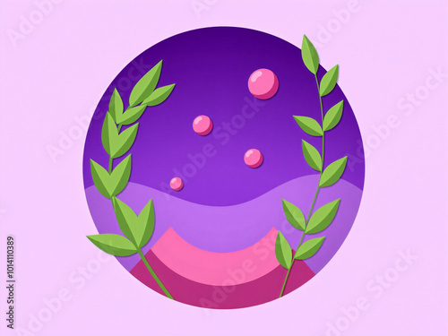 Abstract purple sphere with floating plants and pink bubbles