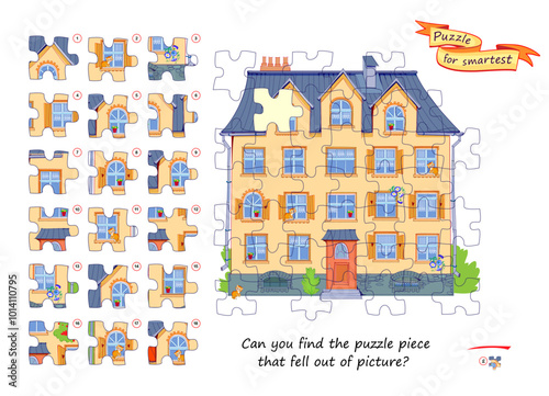Can you find the puzzle piece that fell out of picture? Logic game for children and adults. Page for kids brain teaser book. Task for attentiveness. Developing spatial thinking. Flat vector image.