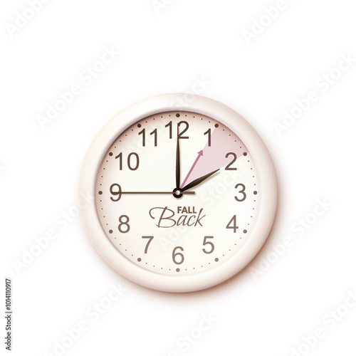 Daylight saving time ends. Fall back design element. Modern realistic beige wall clock isolated on white background. Clock face with hands moving backward by an hour. November 3. Vector illustration