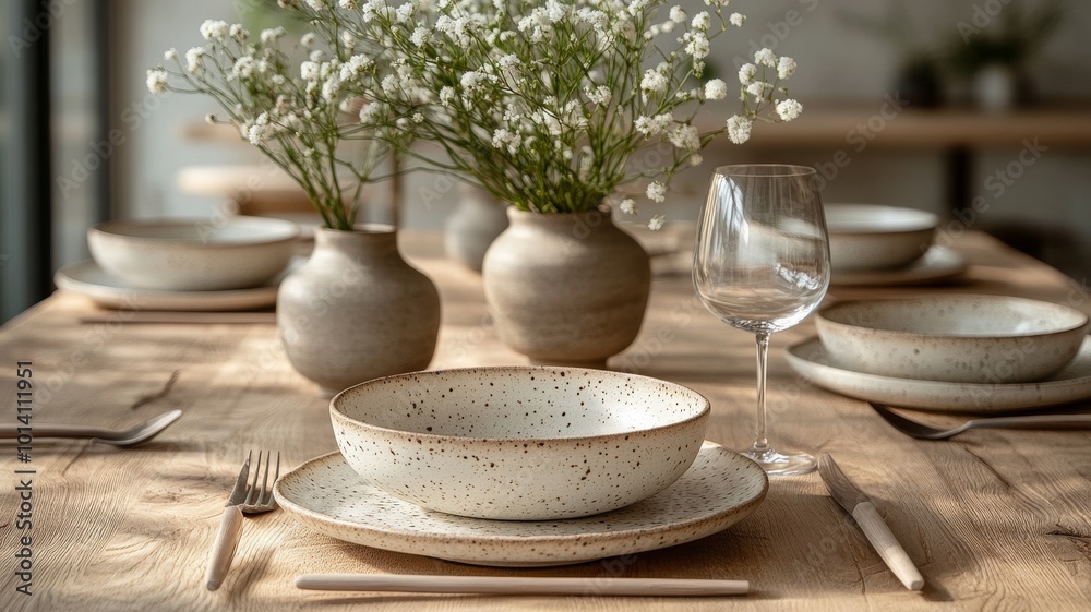 A minimalist dining table set for one or two people, with just a few simple plates, cutlery, and a small, homemade meal A minimalist dining table set for one or two people, with just a few simple plates, cutlery, and a small, homemade meal