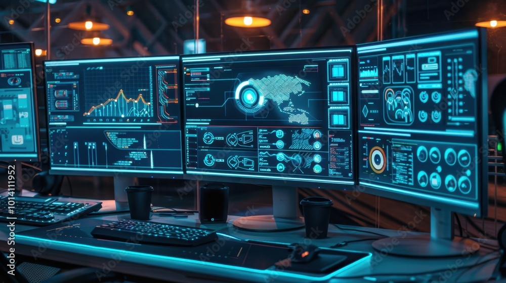 High-Tech Workspace with Multiple Monitors and Graphics High-Tech Workspace with Multiple Monitors and Graphics