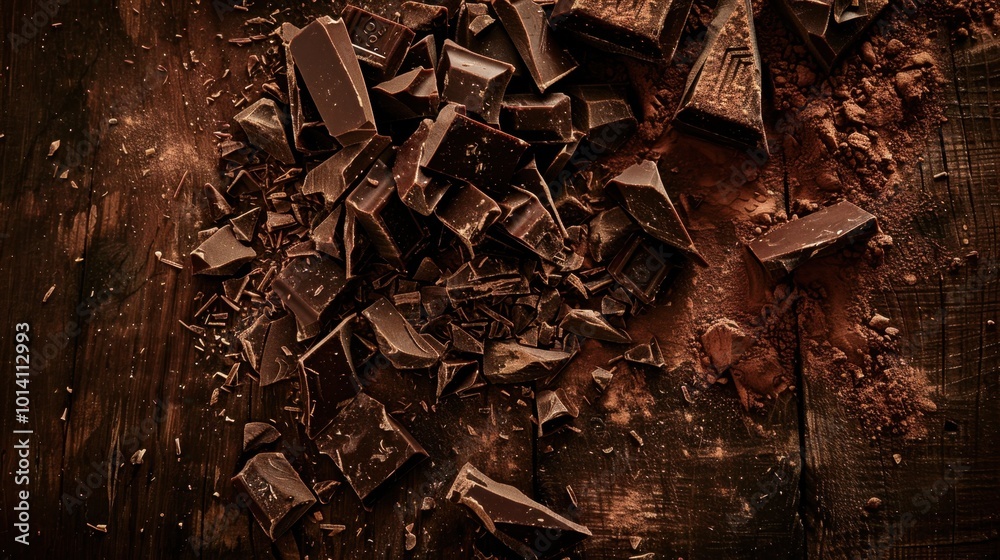Dark Chocolate Pieces on Wooden Surface Dark Chocolate Pieces on Wooden Surface